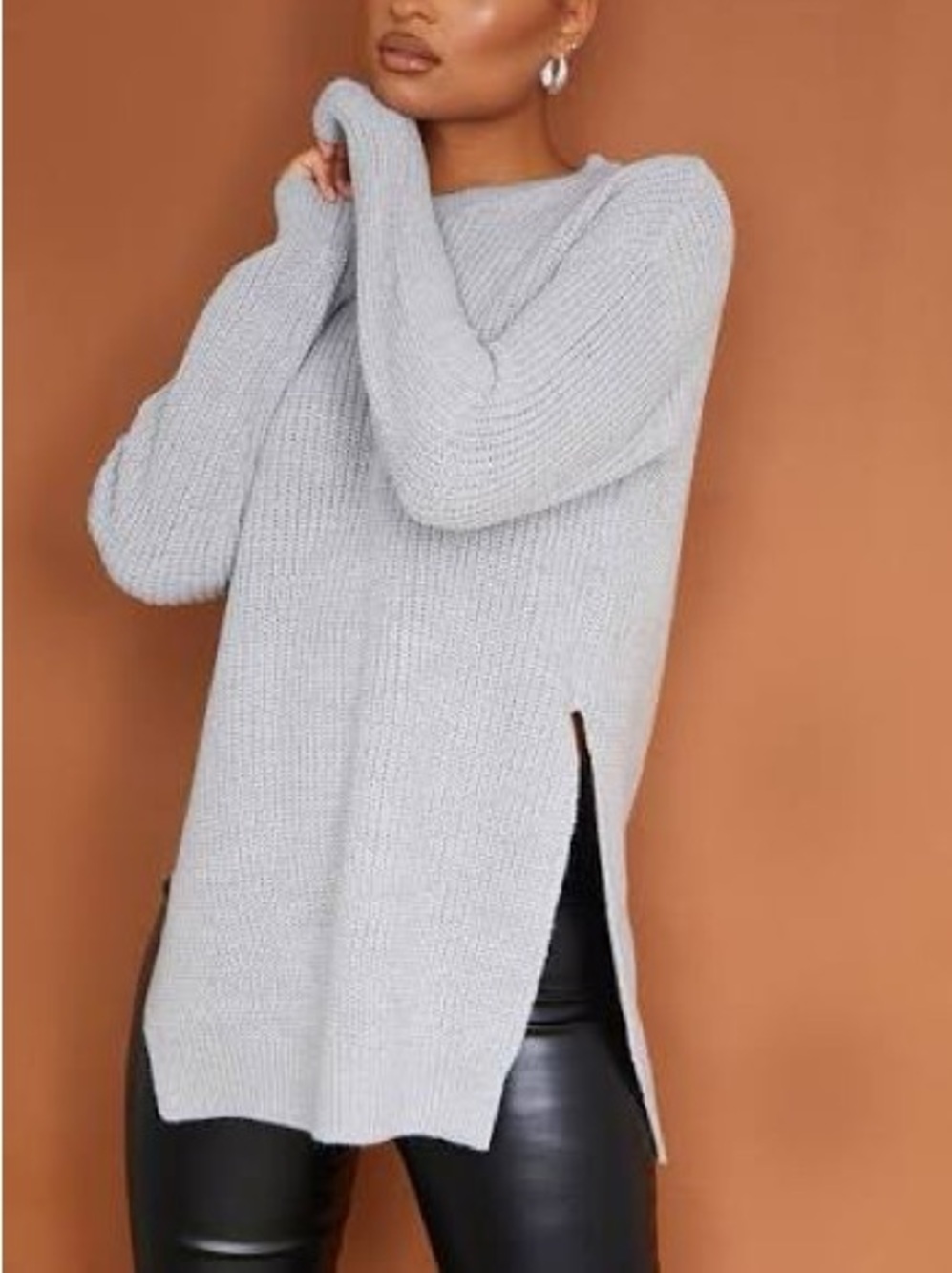 PrettyLittleThing Light Gray Side-Slit Long Knit Sweater